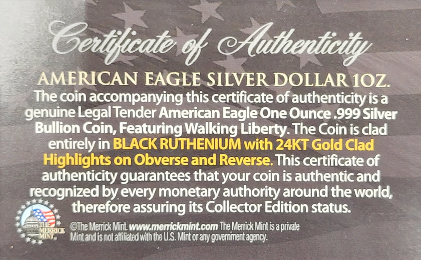2015 American Silver Eagle Dollar 1 oz Fine Silver clad Black Ruthenium 24kt Gold