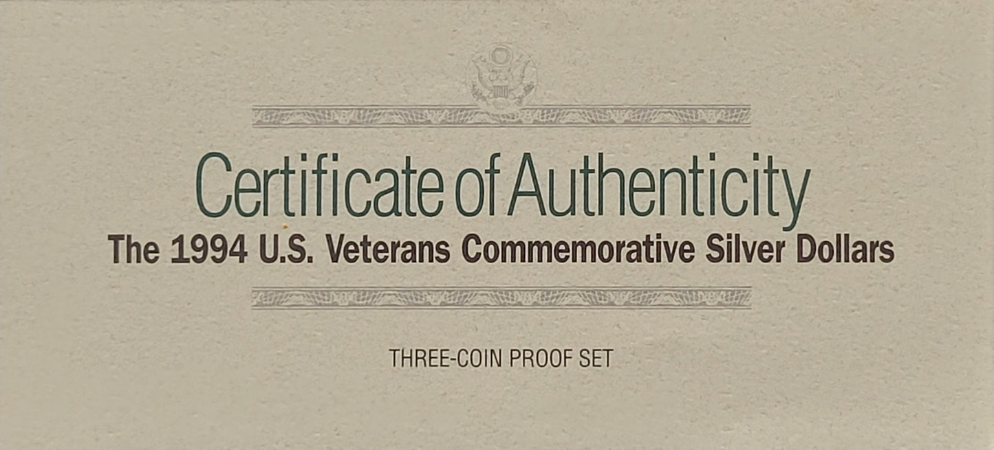 1994 U.S Veterans Commemorative Silver Dollars W/ certificate of Authenticity