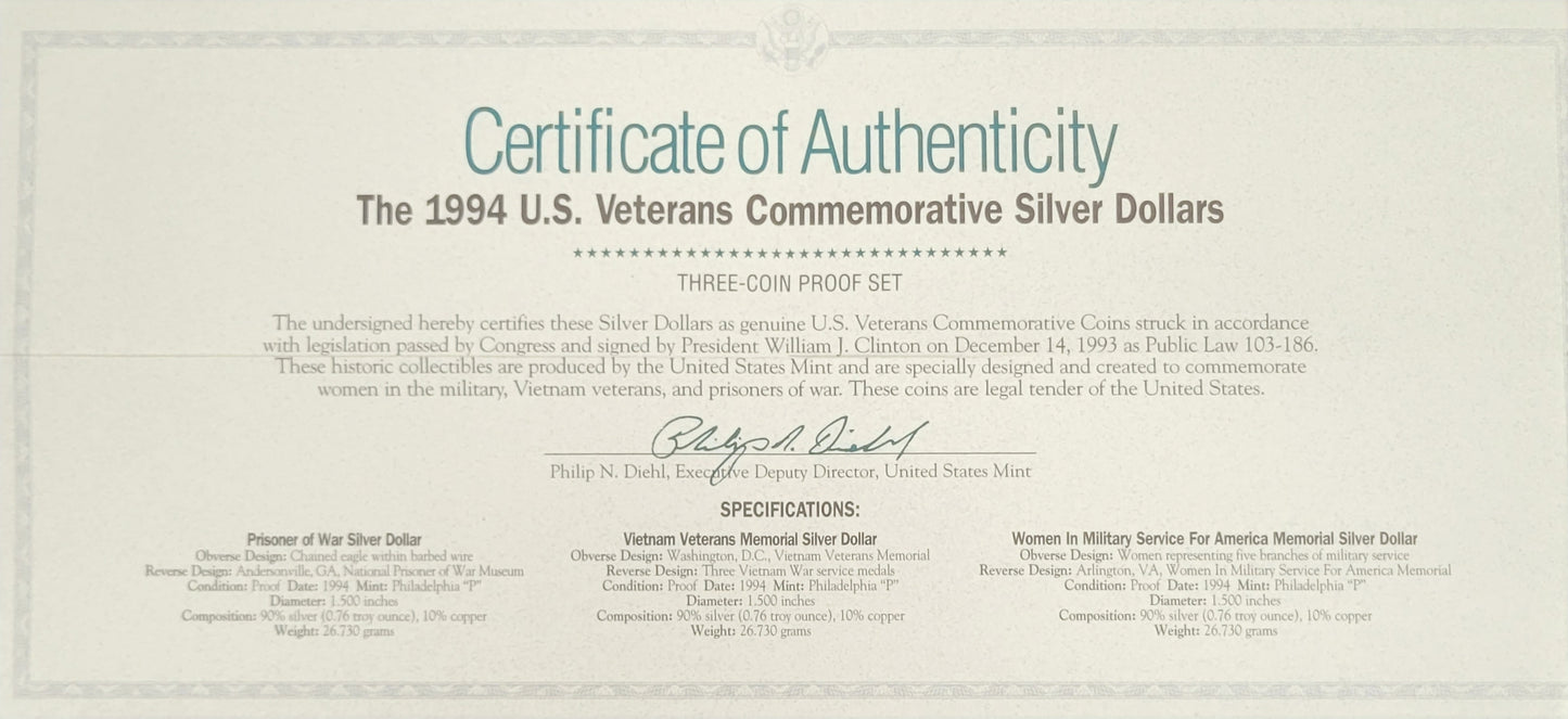 1994 U.S Veterans Commemorative Silver Dollars W/ certificate of Authenticity