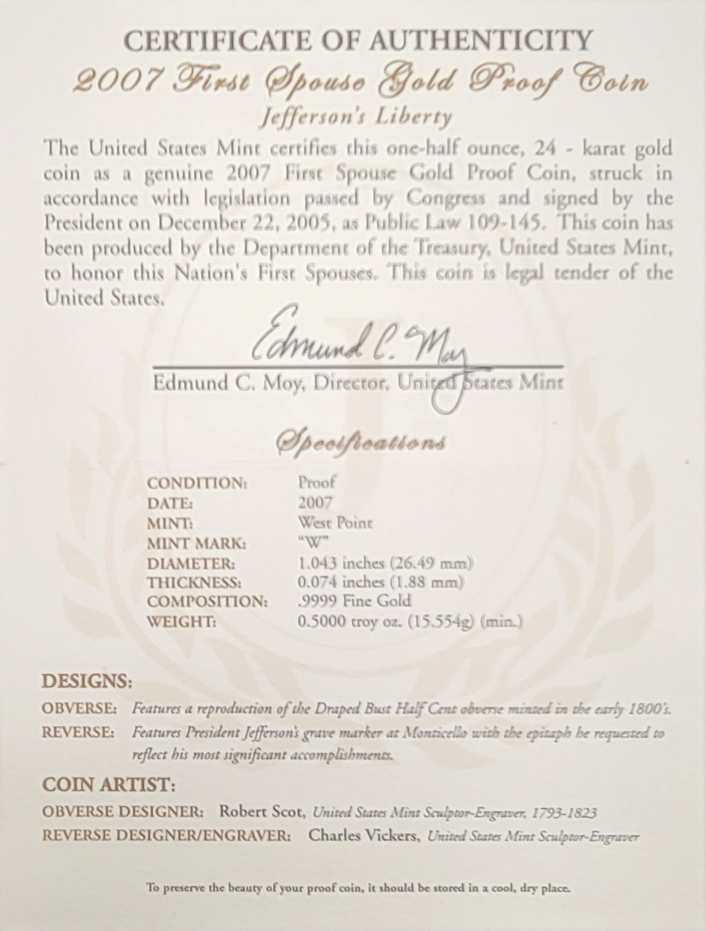 2007 First Spouse Gold Uncirculated Jefferson`s Liberty 1/2 oz. 24 kt Coin
