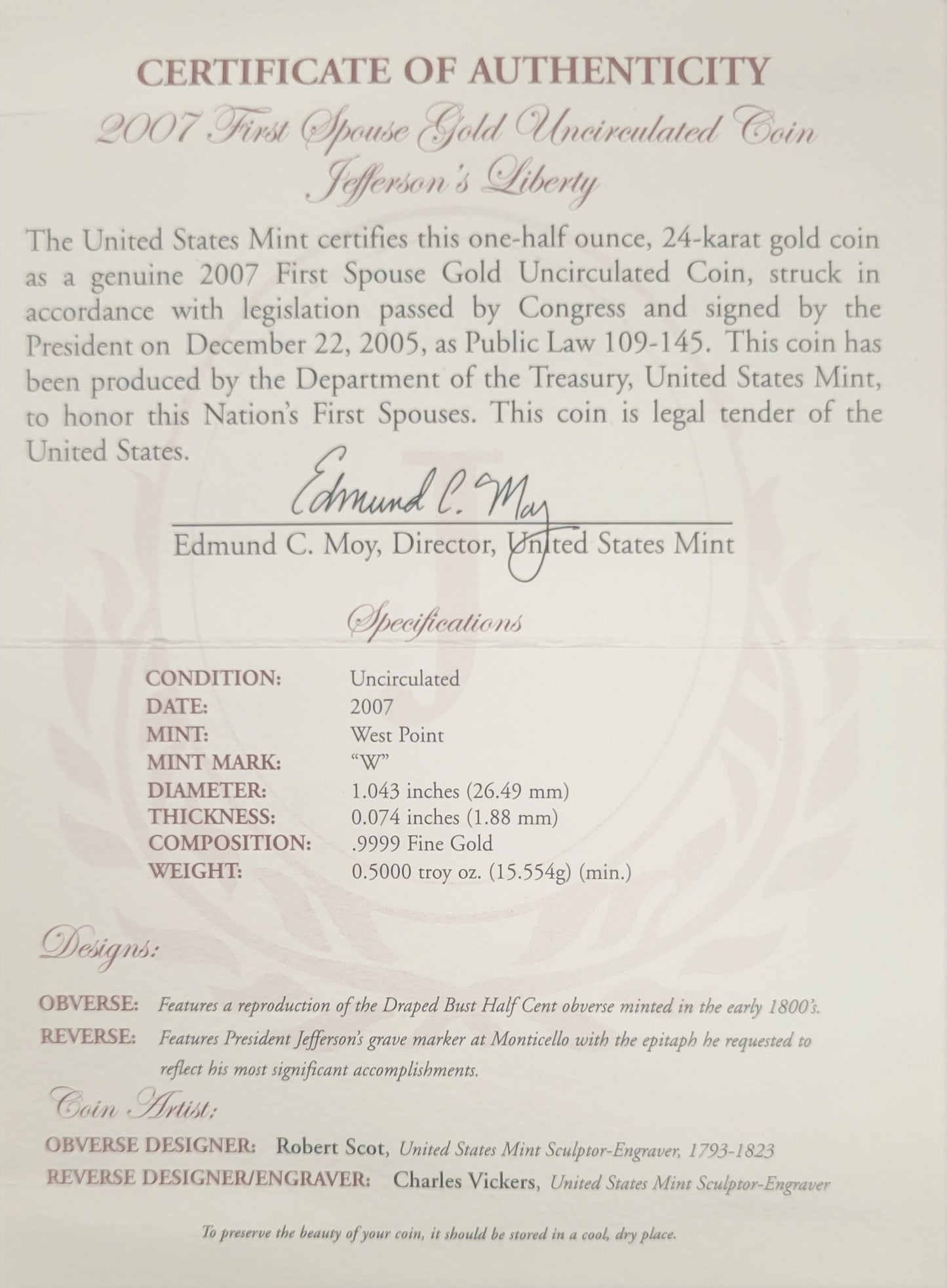 2007 First Spouse Gold Uncirculated Jefferson`s Liberty 1/2 oz 24 kt Coin