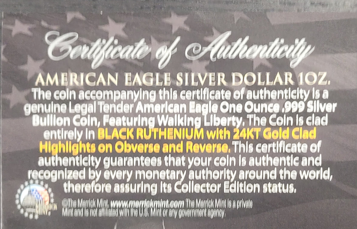 2016 American Silver Eagle Dollar 1 oz Fine Silver clad Black Ruthenium 24kt Gold