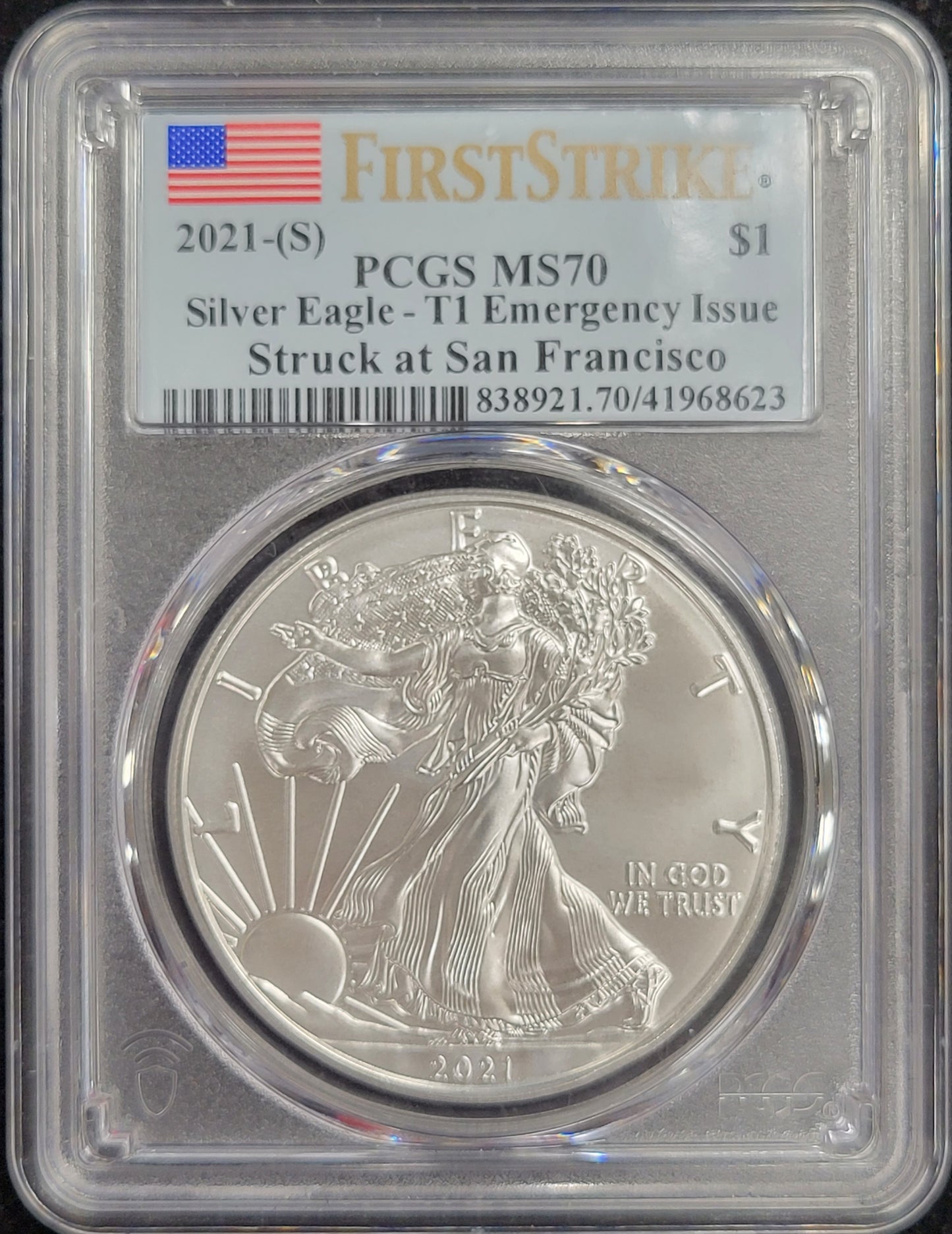 2021-S American Silver Eagle Type 1 Emergency Issue $1 PCGS certified MS70