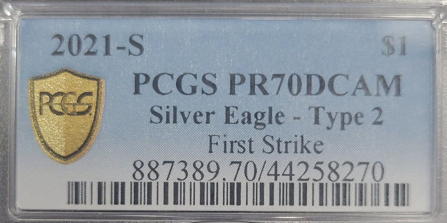2021-S American Silver Eagle First Strike Type 2 $1 PCGS certified PR70DCAM