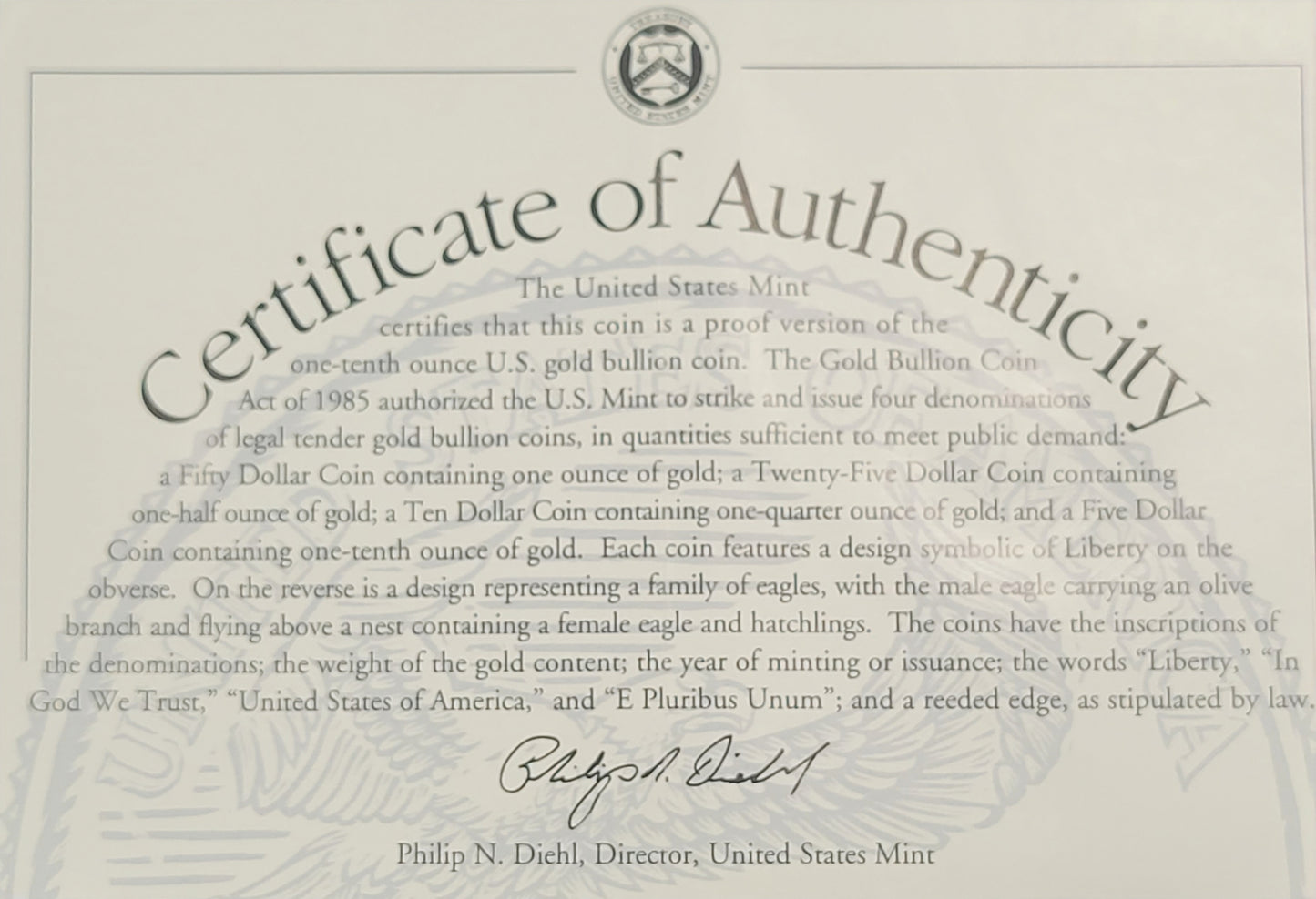 1994-W One-Tenth Ounce, Five Dollar Gold Coin with display booklet and Certificate of Authenticity