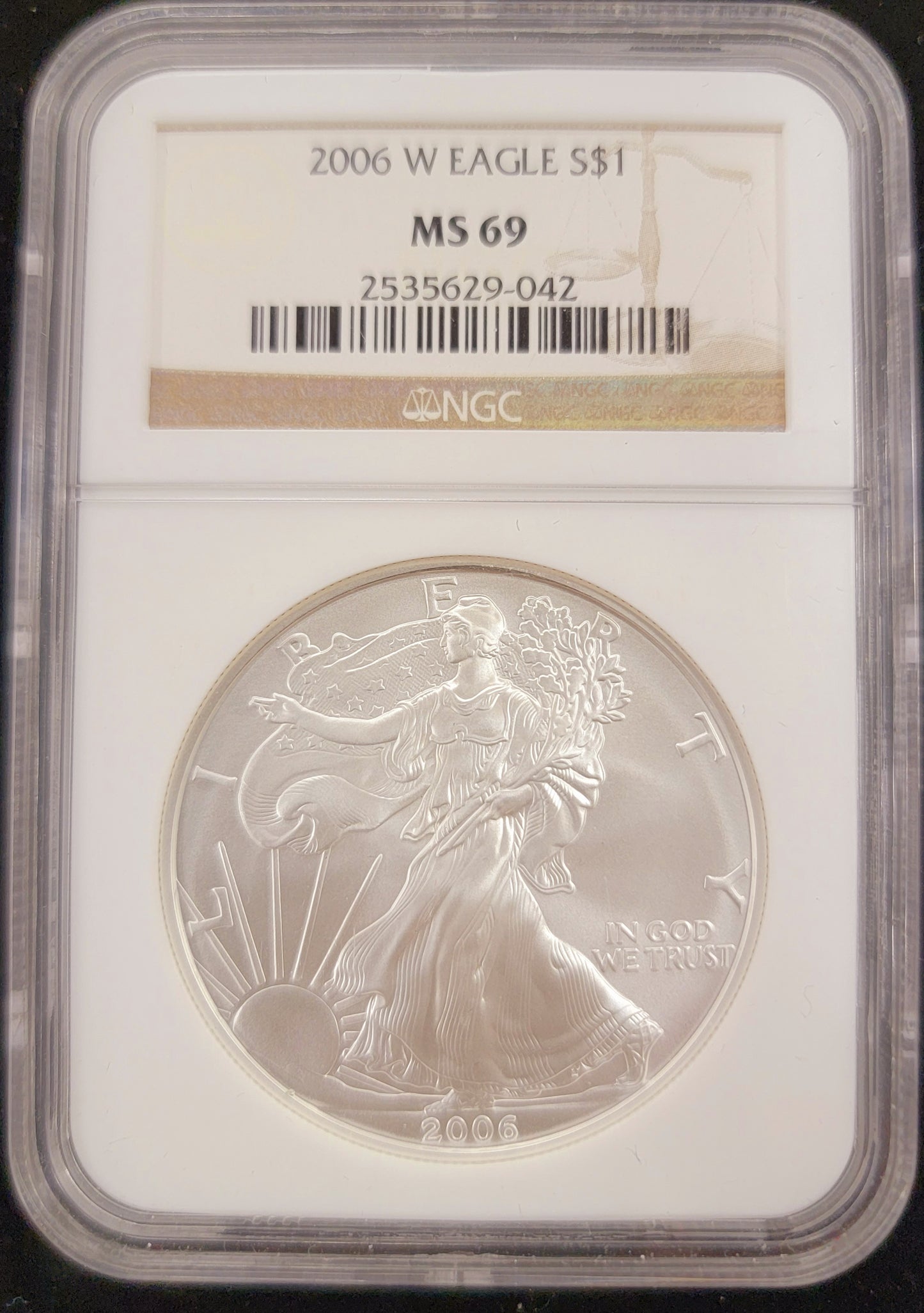 2006- W American Eagle 1oz Silver Dollar, $1, MS69, NGC, Certified, Uncirculated Standing Liberty