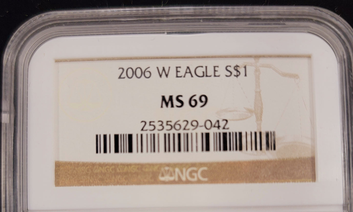 2006- W American Eagle 1oz Silver Dollar, $1, MS69, NGC, Certified, Uncirculated Standing Liberty
