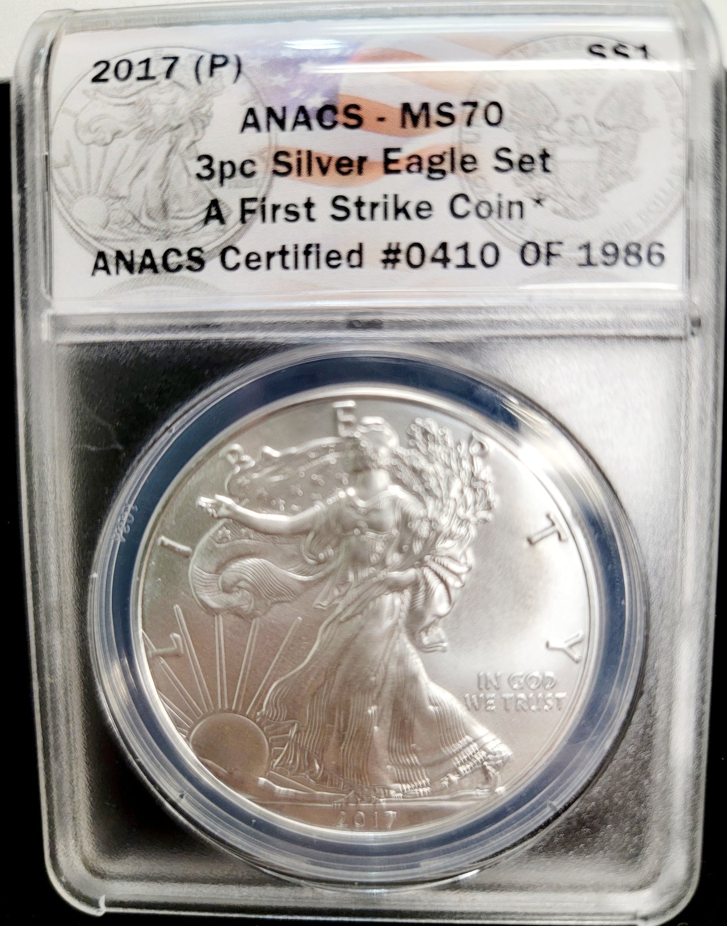 3pc Silver Eagle set, 2017, 1oz Standing liberty, (W)-(S)-(P), ANACS-MS70