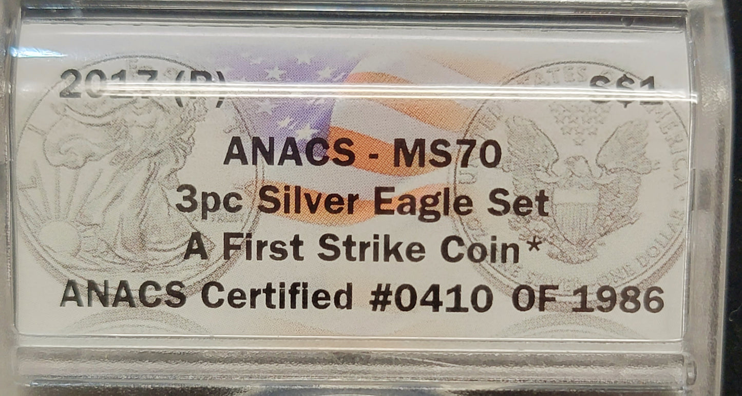 3pc Silver Eagle set, 2017, 1oz Standing liberty, (W)-(S)-(P), ANACS-MS70