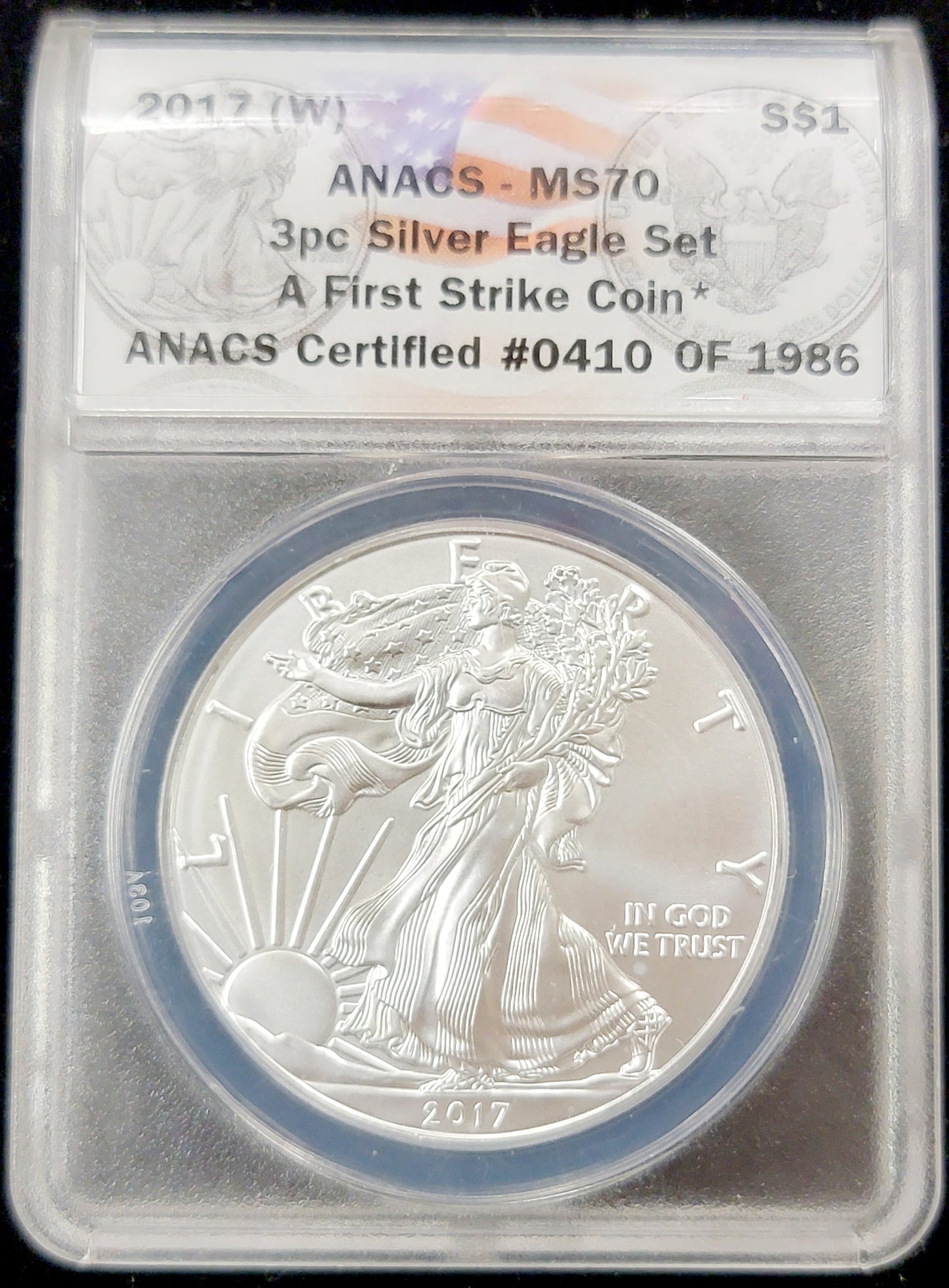3pc Silver Eagle set, 2017, 1oz Standing liberty, (W)-(S)-(P), ANACS-MS70