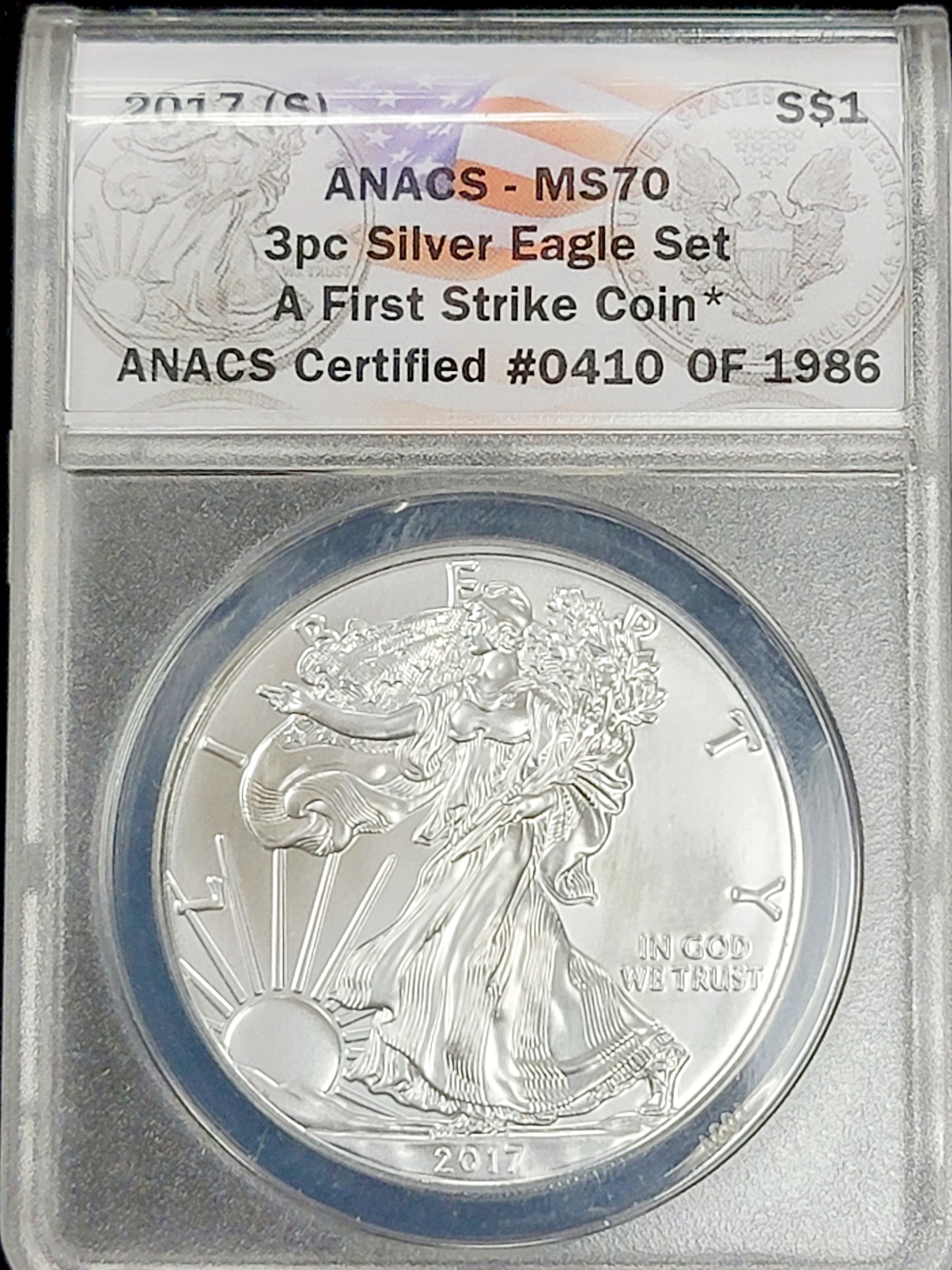 3pc Silver Eagle set, 2017, 1oz Standing liberty, (W)-(S)-(P), ANACS-MS70