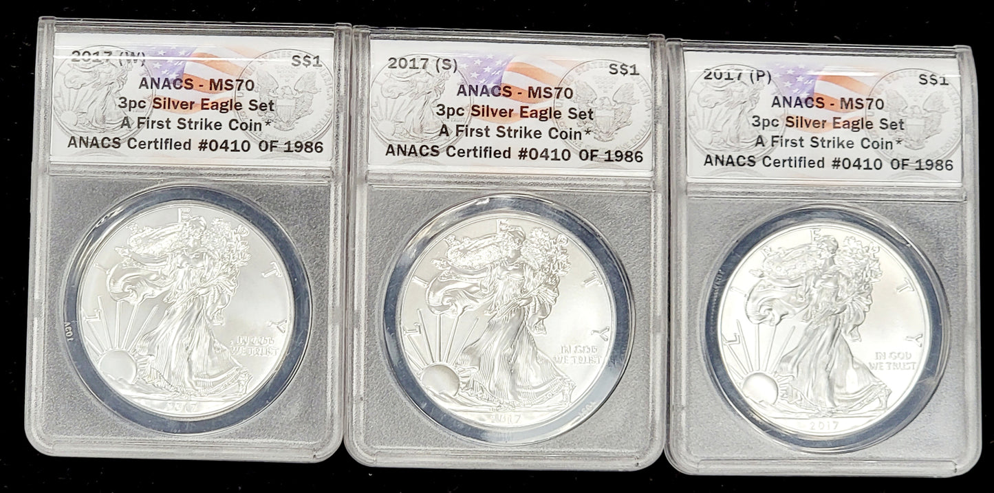 3pc Silver Eagle set, 2017, 1oz Standing liberty, (W)-(S)-(P), ANACS-MS70