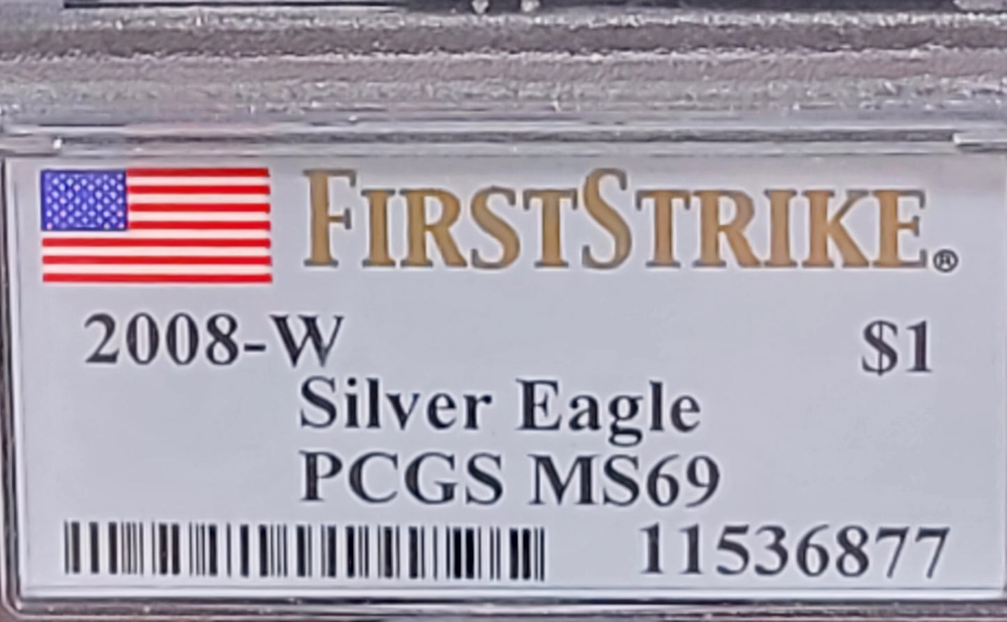 2008-W American Silver Eagle Dollar $1, 1oz, PCGS, MS69, Standing liberty, First Strike