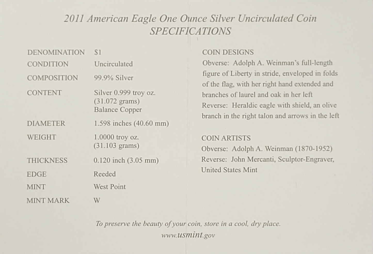 2011-W American Eagle 1 oz Silver Uncirculated Coin