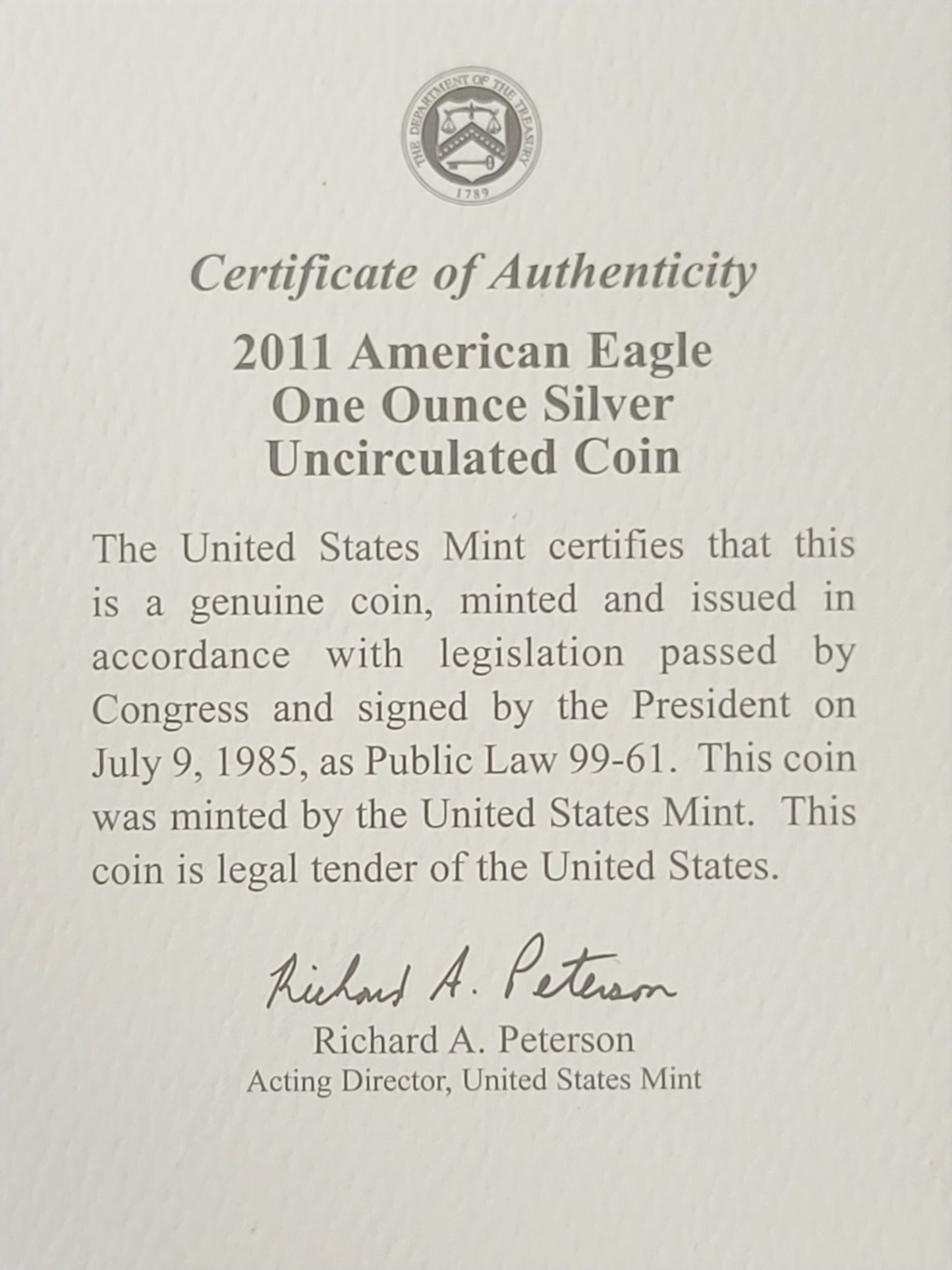 2011-W American Eagle 1 oz Silver Uncirculated Coin
