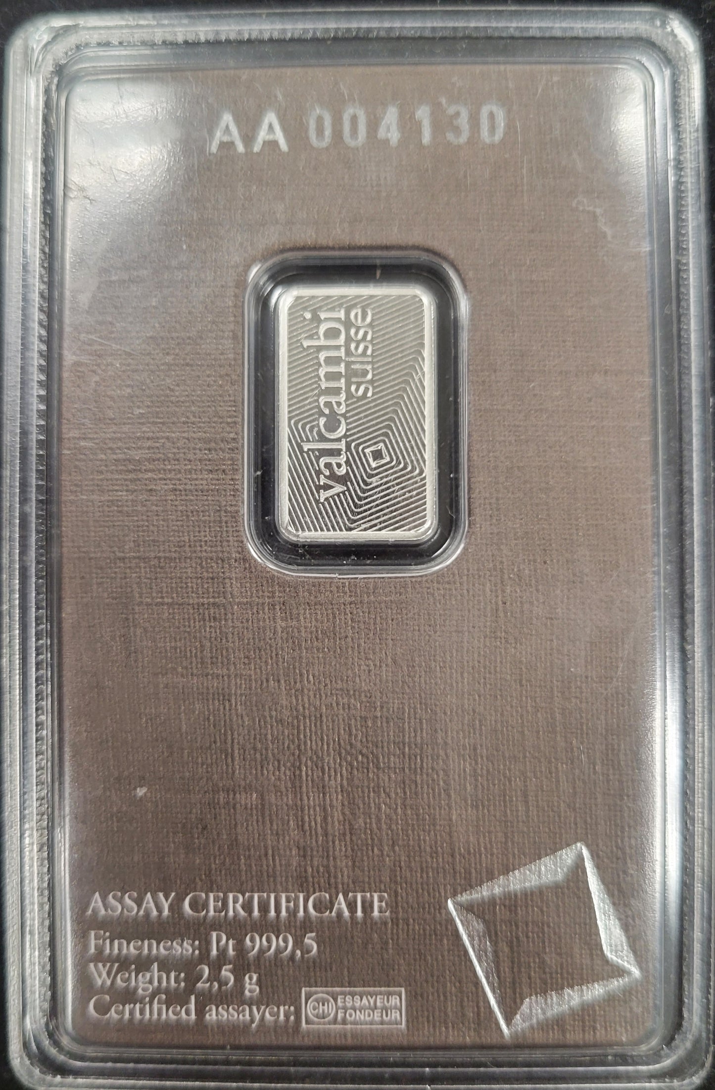 2.5 Gram Valcambi Suisse 999.5 Platinum (W/ Assayer Mark)