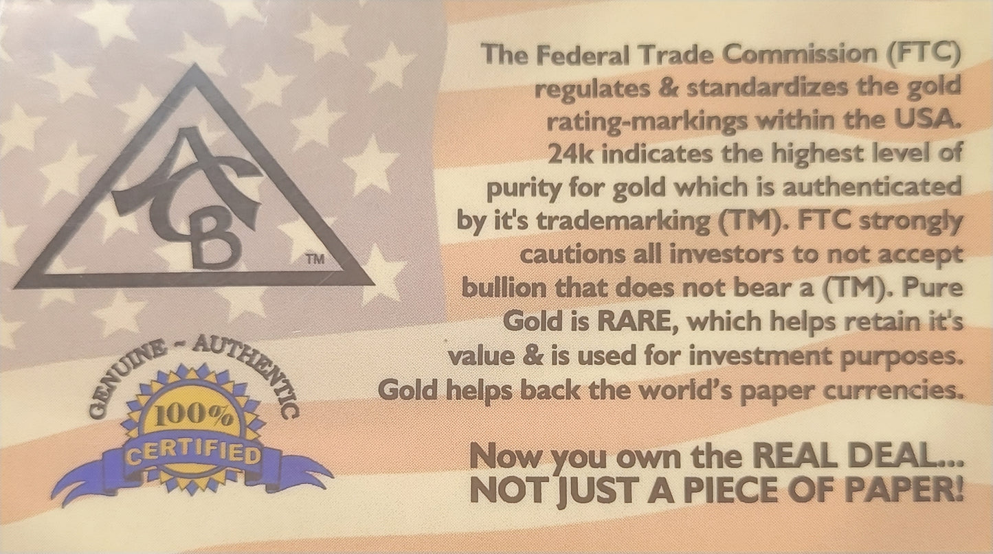 One Grain 24 karat Gold Bar (W/ Certificate of Authenticity)