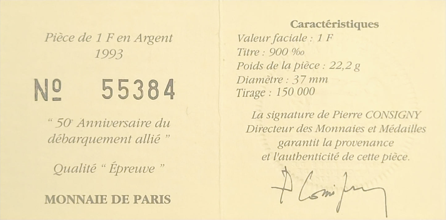 1993 1 Franc 900% Silver D-Day Memorial Bullion