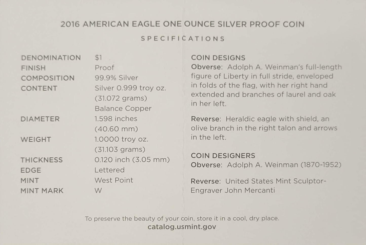 2016-W American Eagle One Ounce Silver Proof Coin
