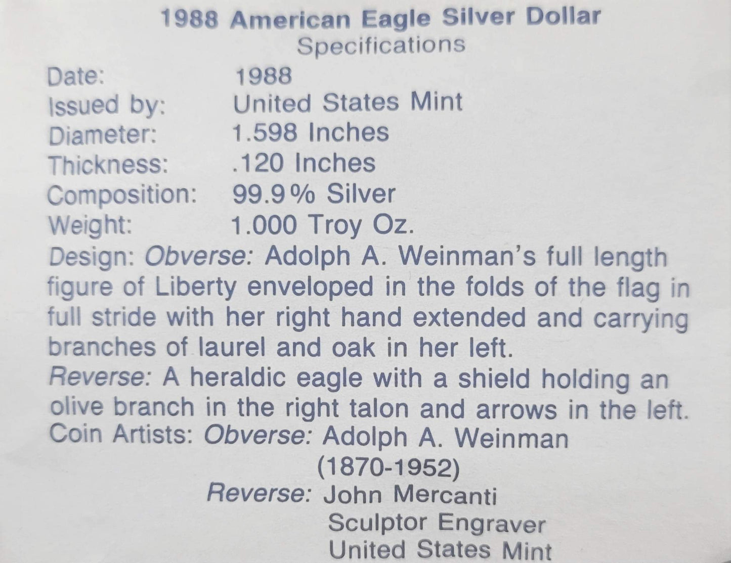 1988 American Eagle Silver Dollar With display case and certificate of authenticity $1