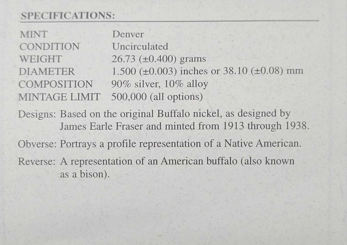 2001 American Buffalo Commemorative Coin Unciculated Silver Dollar $1