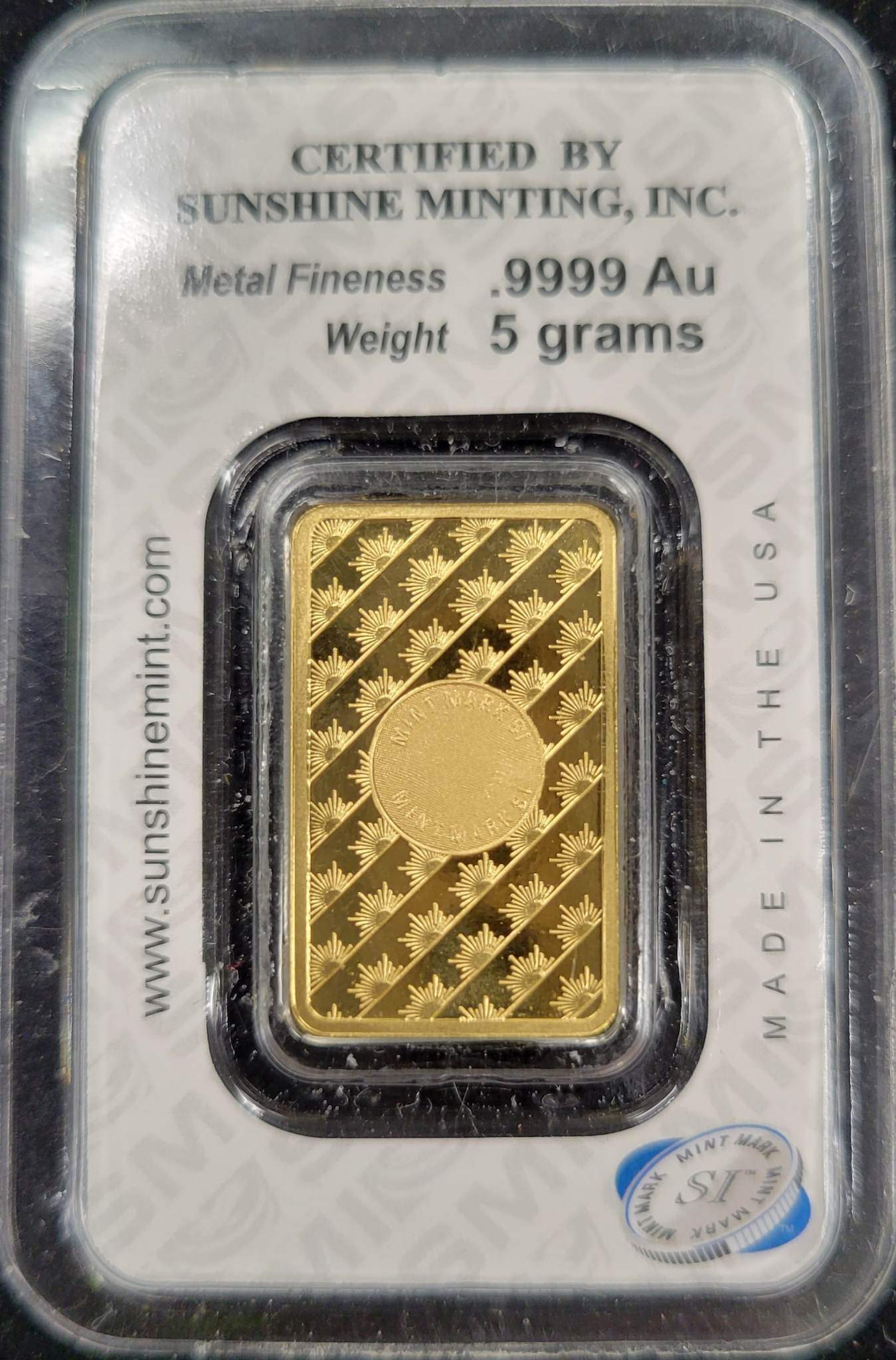 5 Gram Gold Sunshine Minting Bar (Certified by Sunshine Minting Inc)