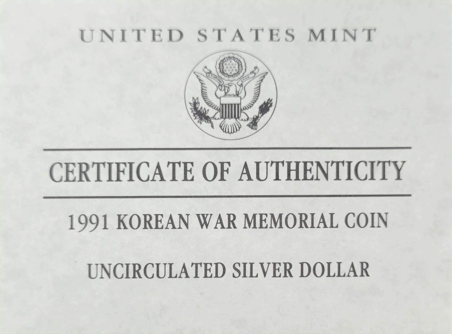 1991 Korean War Memorial Silver Unciculated Dollar $1