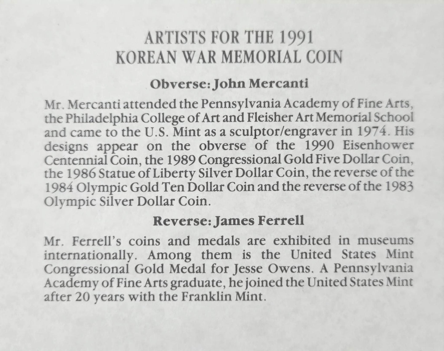 1991 Korean War Memorial Silver Unciculated Dollar $1