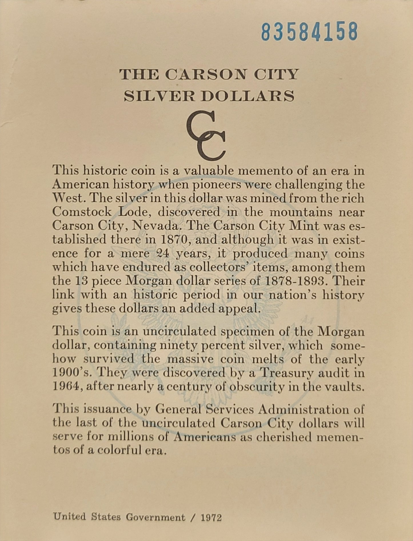 1883 Morgan Silver Dollar $1 Carson City Uncirculated (W/ Certificate of Authenticity)