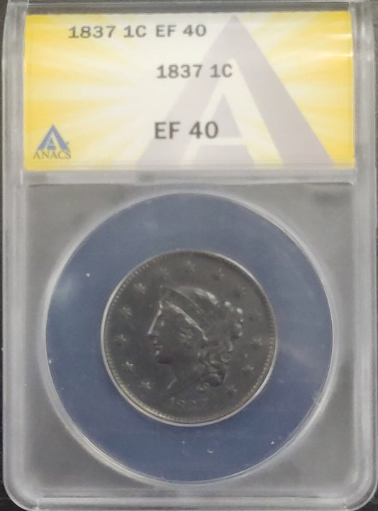 1837 Matron Head Large Cent 1c ANACS certified EF40