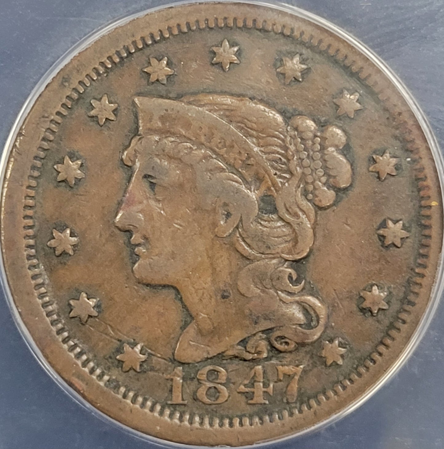 1847 Braided Hair Large Cent scratched 1c ANACS certified VF25 Details