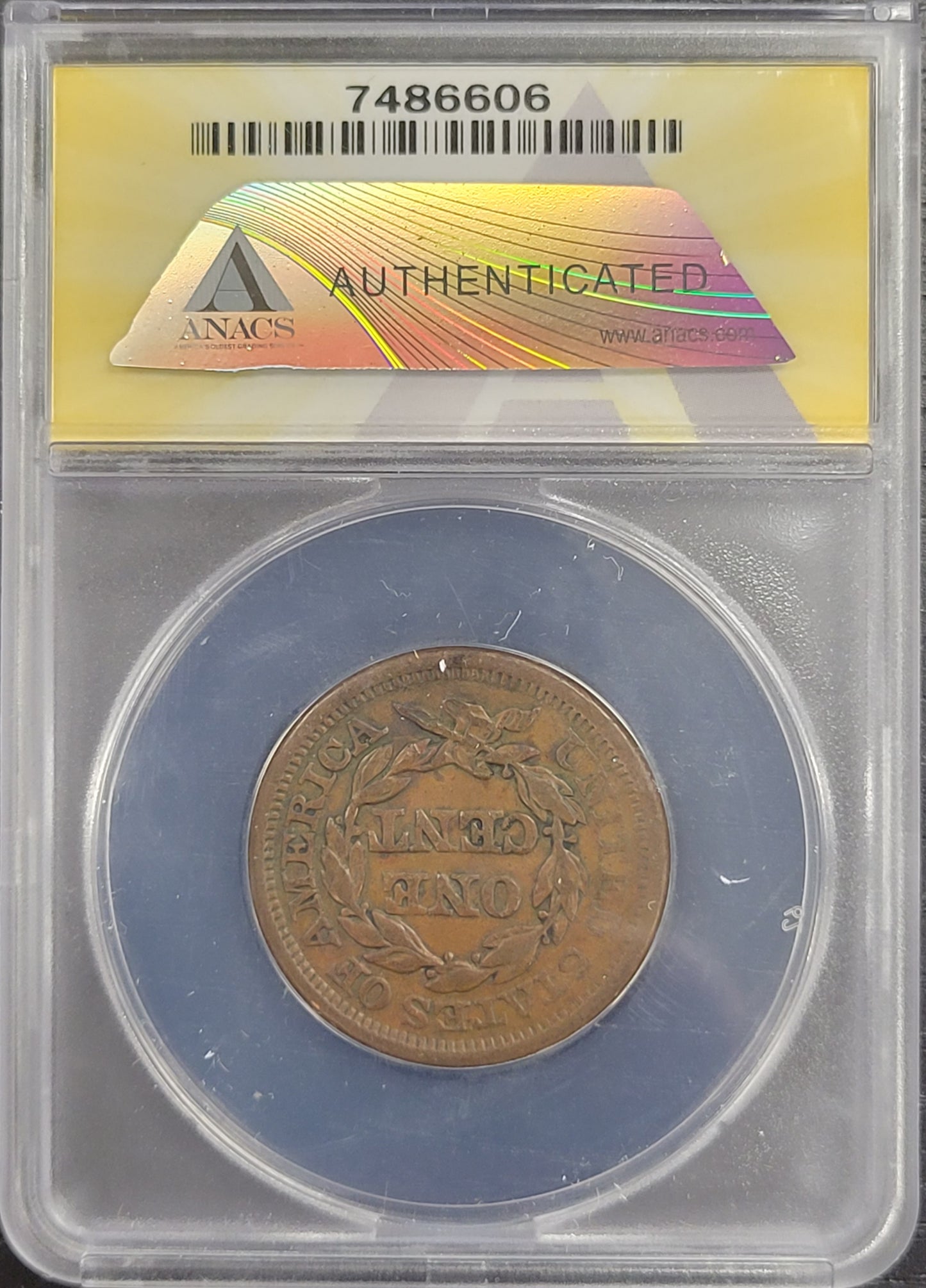 1855 Braided Hair Large Cent Upright 55 1c ANACS certified AU50