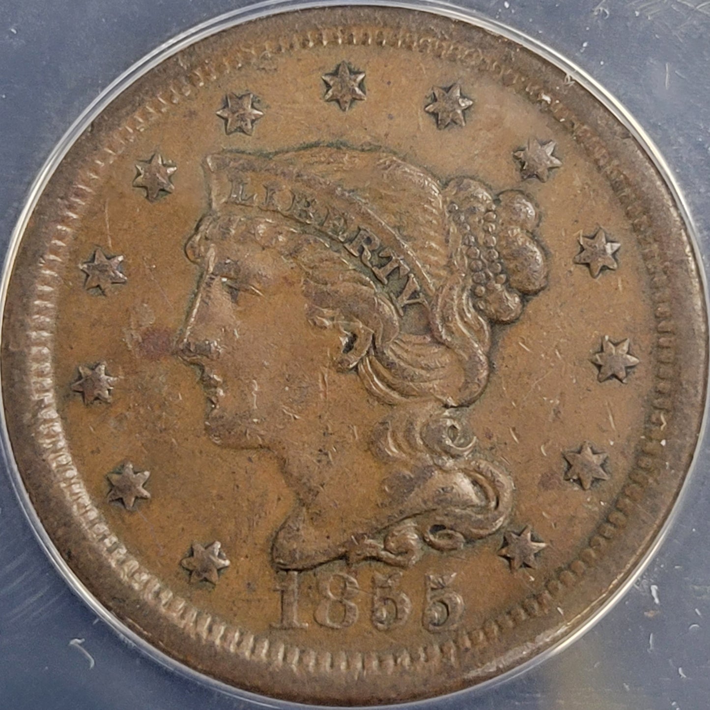 1855 Braided Hair Large Cent Upright 55 1c ANACS certified AU50