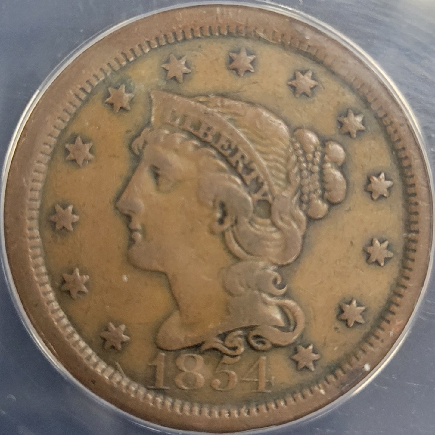 1854 Braided Hair Large Cent Graffiti 1c ANACS certified EF40 Details