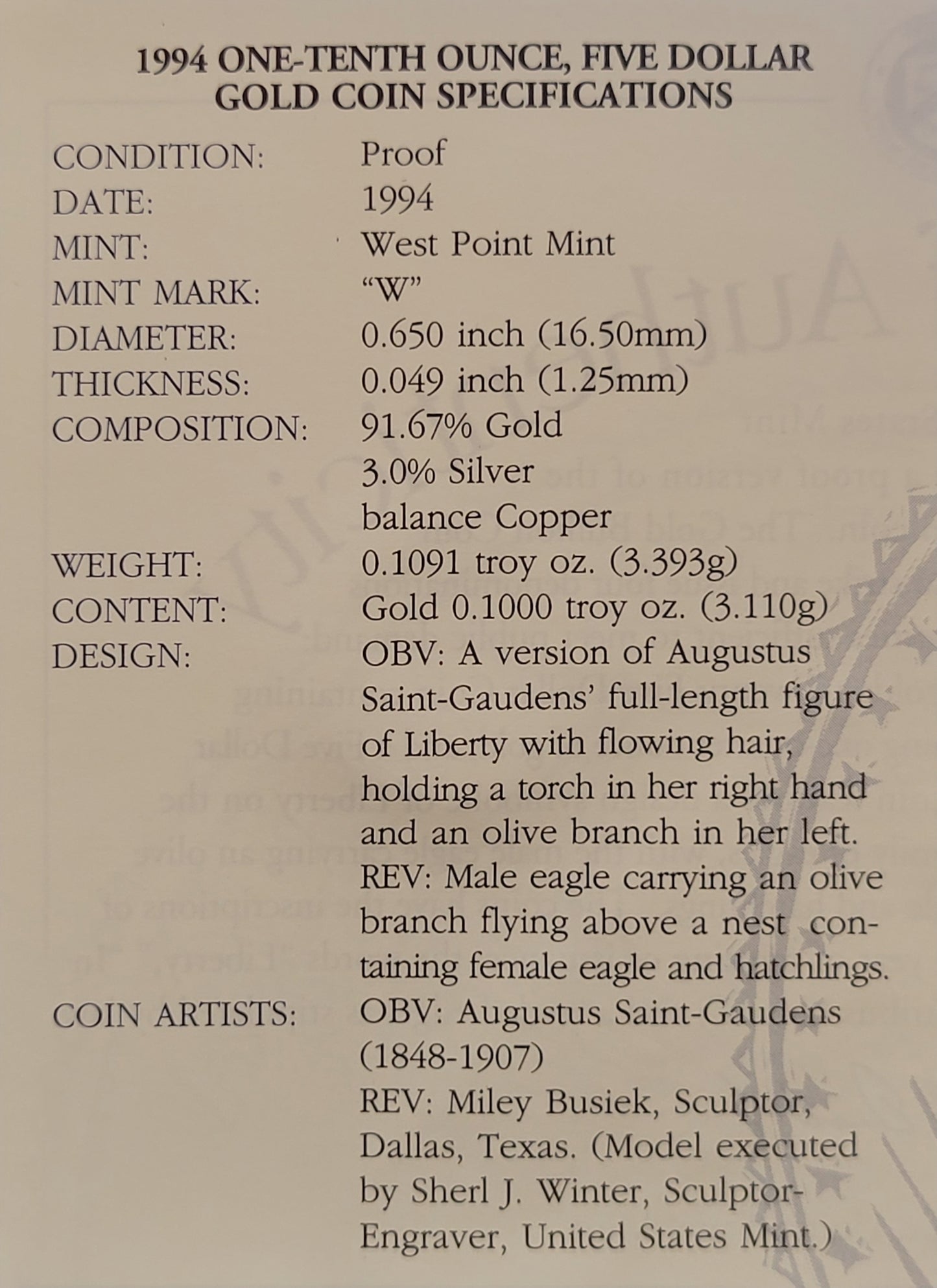 1994-W One-Tenth Ounce, Five Dollar Gold Coin with display booklet and Certificate of Authenticity