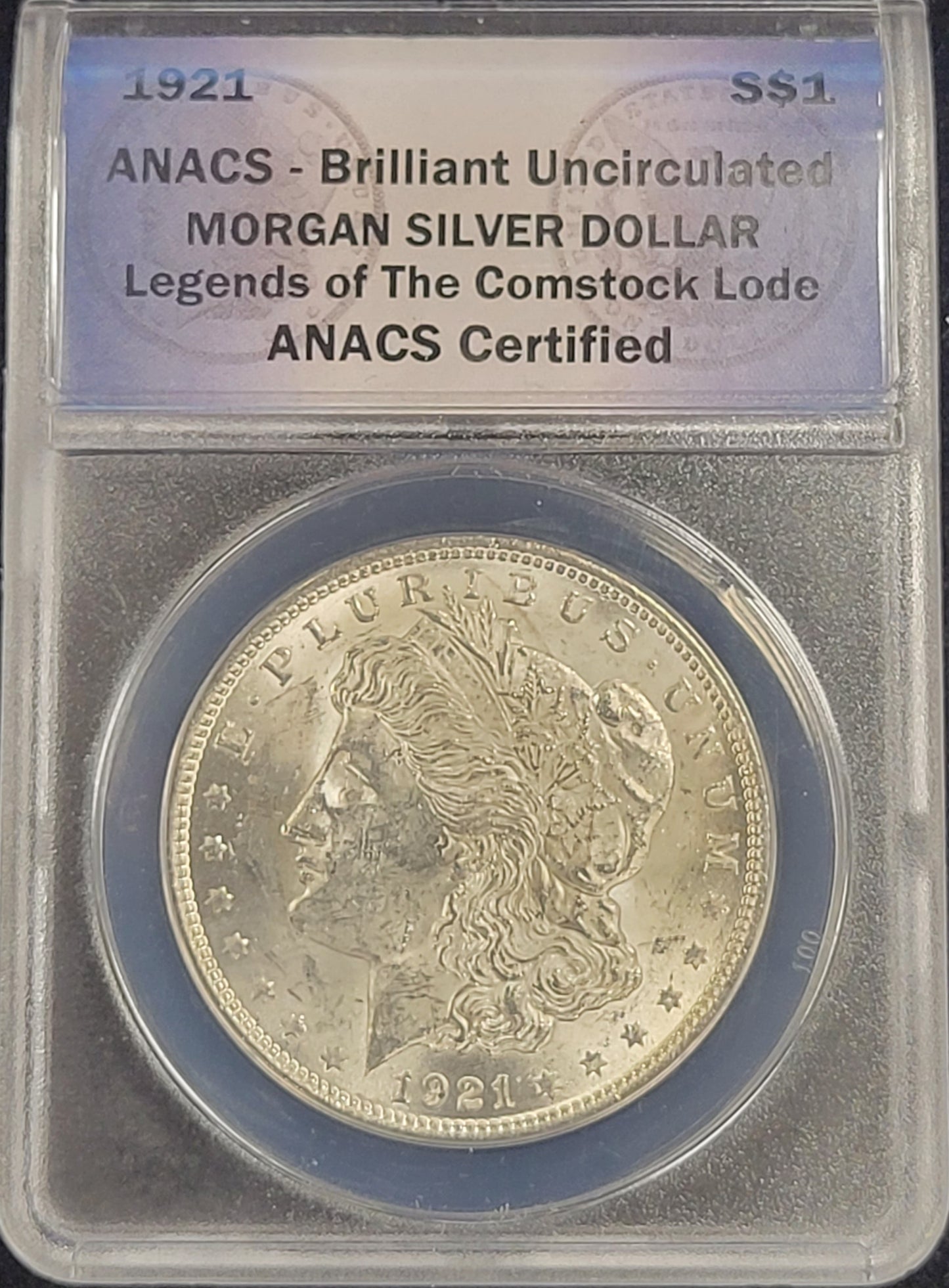 1921 Morgan Silver Dollar $1 ANACS certified Brilliant Uncirculated Legends of the Comstock Lode