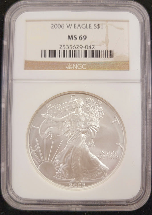 2006- W American Eagle 1oz Silver Dollar, $1, MS69, NGC, Certified, Uncirculated Standing Liberty