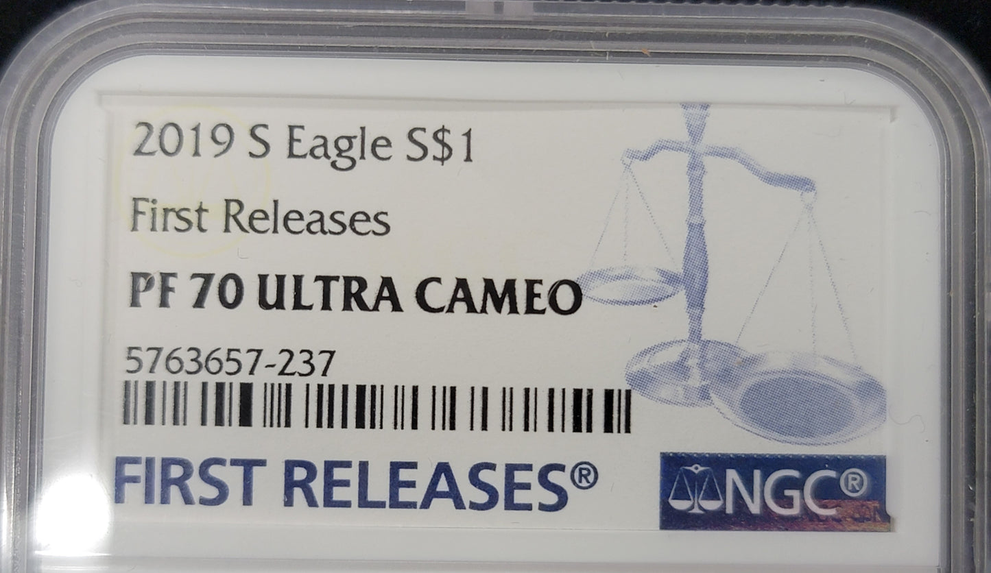 2019 S Silver,1oz, Eagle, Standing Liberty, S$1, PF 70 Ultra Cameo, First Releases, Certified, Uncirculated