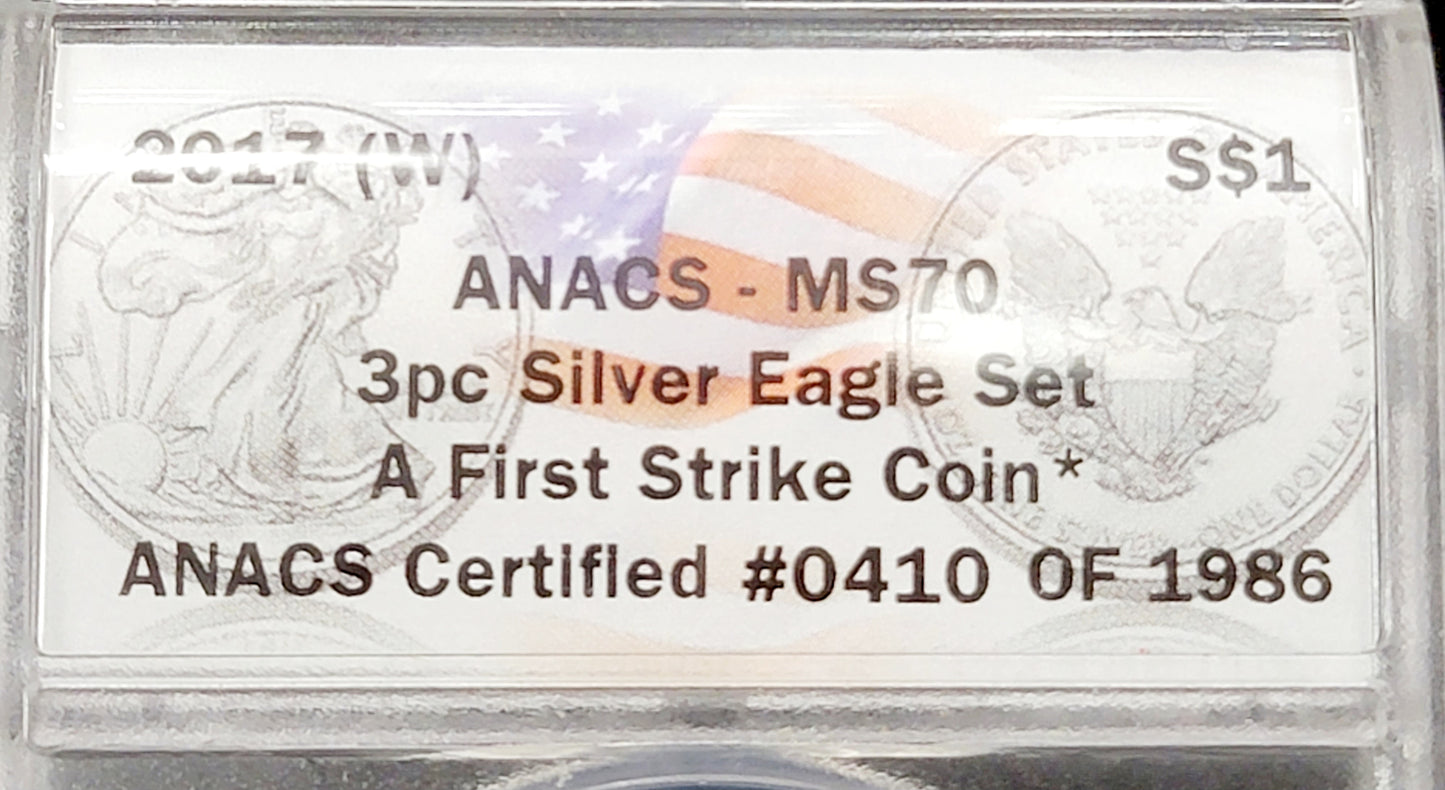 3pc Silver Eagle set, 2017, 1oz Standing liberty, (W)-(S)-(P), ANACS-MS70