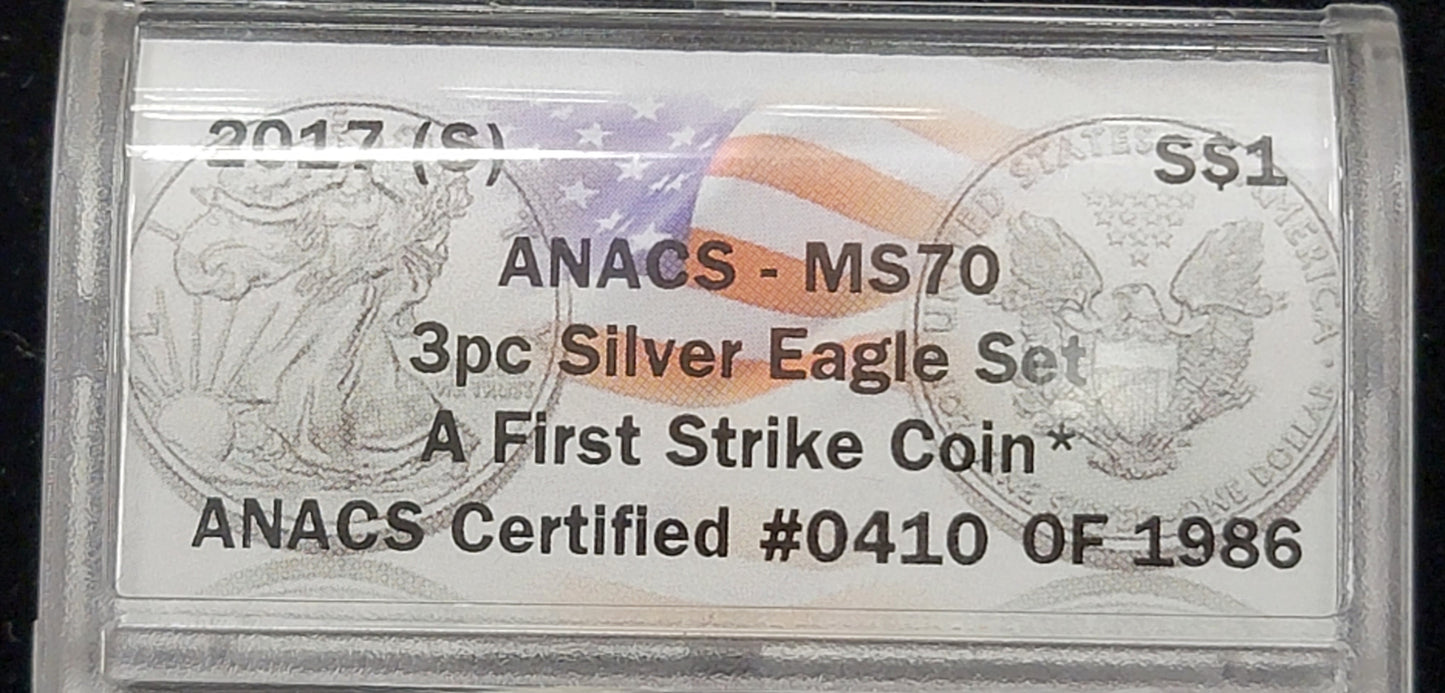 3pc Silver Eagle set, 2017, 1oz Standing liberty, (W)-(S)-(P), ANACS-MS70
