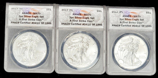 3pc Silver Eagle set, 2017, 1oz Standing liberty, (W)-(S)-(P), ANACS-MS70