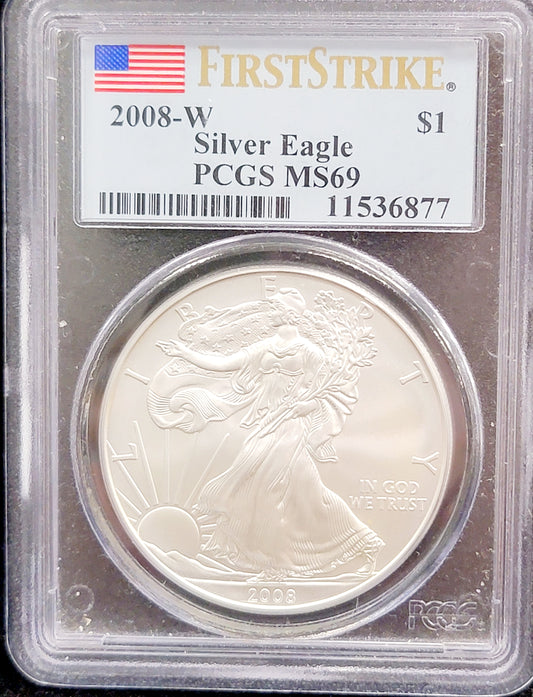 2008-W American Silver Eagle Dollar $1, 1oz, PCGS, MS69, Standing liberty, First Strike