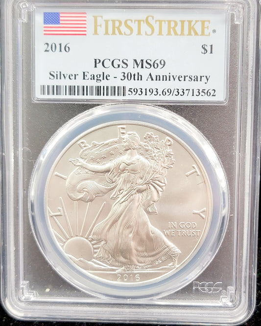 2016 $1, Silver Eagel, Standing Liberty, 30th Anniversary, First Strike, PCGS MS69