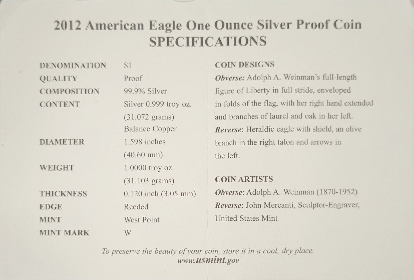 2012 American Eagle One Ounce Silver Proof Standing Liberty $1