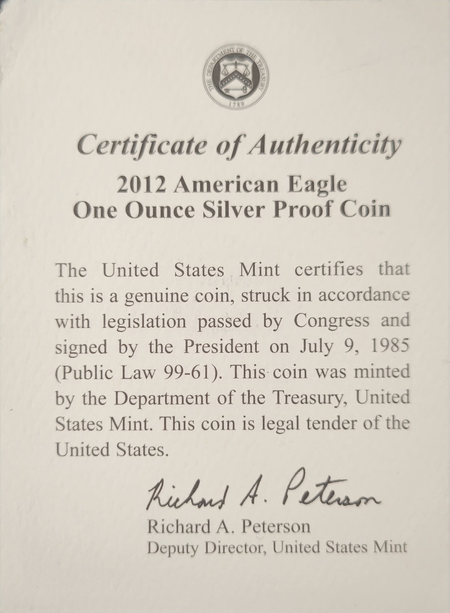 2012 American Eagle One Ounce Silver Proof Standing Liberty $1