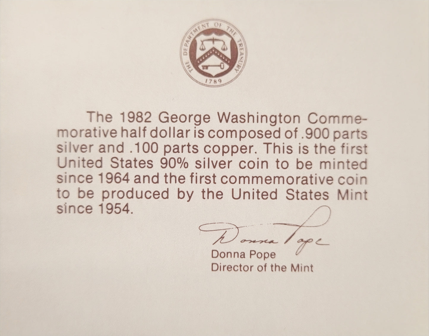 1982-S George Washington 90% Silver Half Dollar Commemorative Coin (w/ Certificate of Authenticy and collectors box)