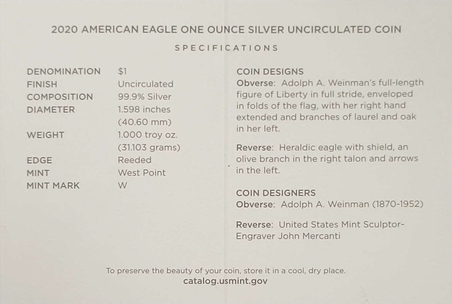 2020 American Eagle 1 oz Silver Uncirculated Coin