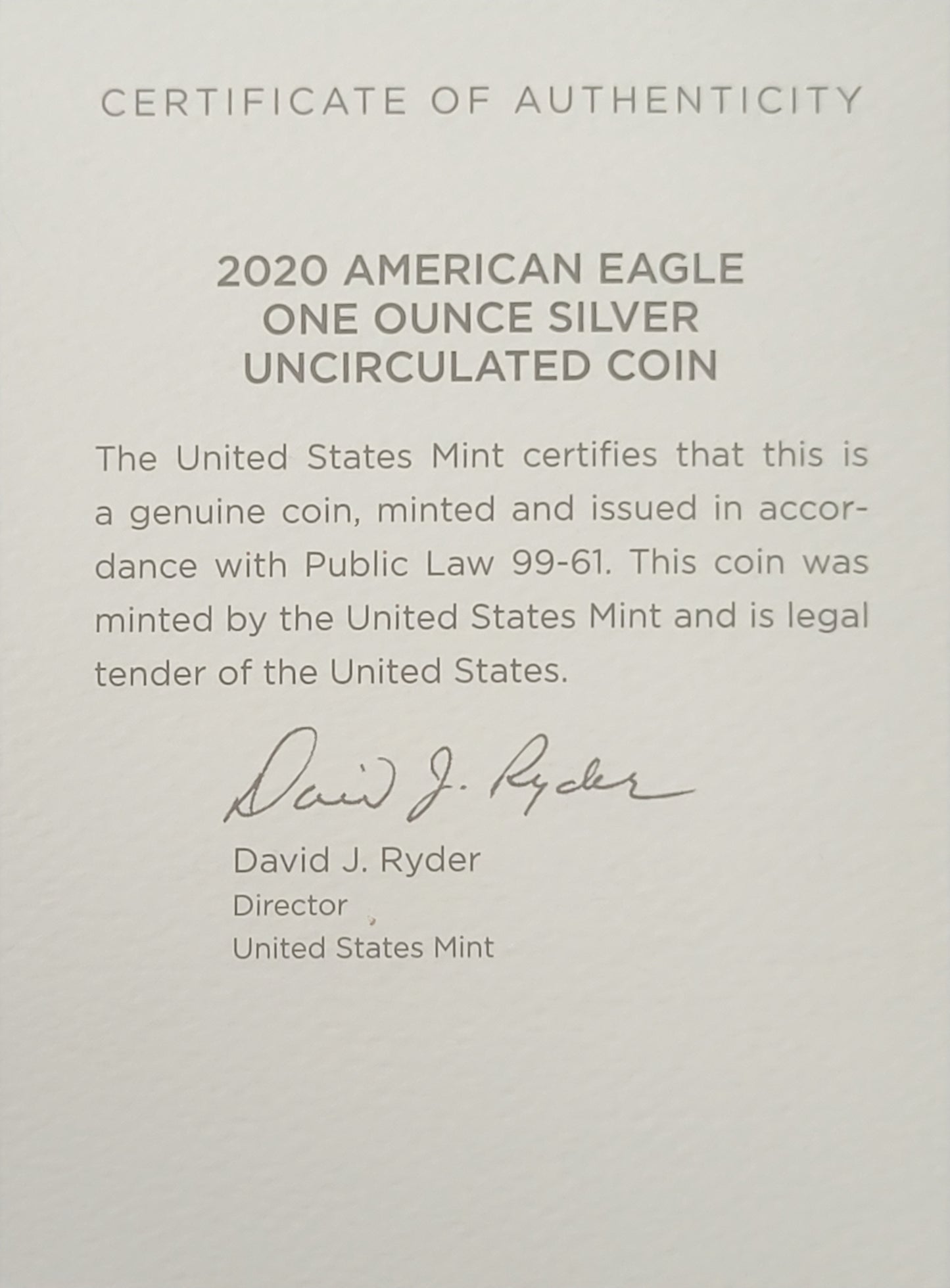2020 American Eagle 1 oz Silver Uncirculated Coin