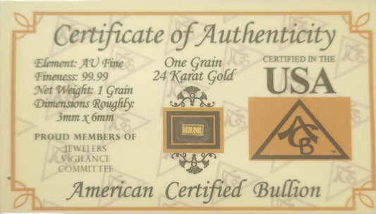 One Grain 24 karat Gold Bar (W/ Certificate of Authenticity)