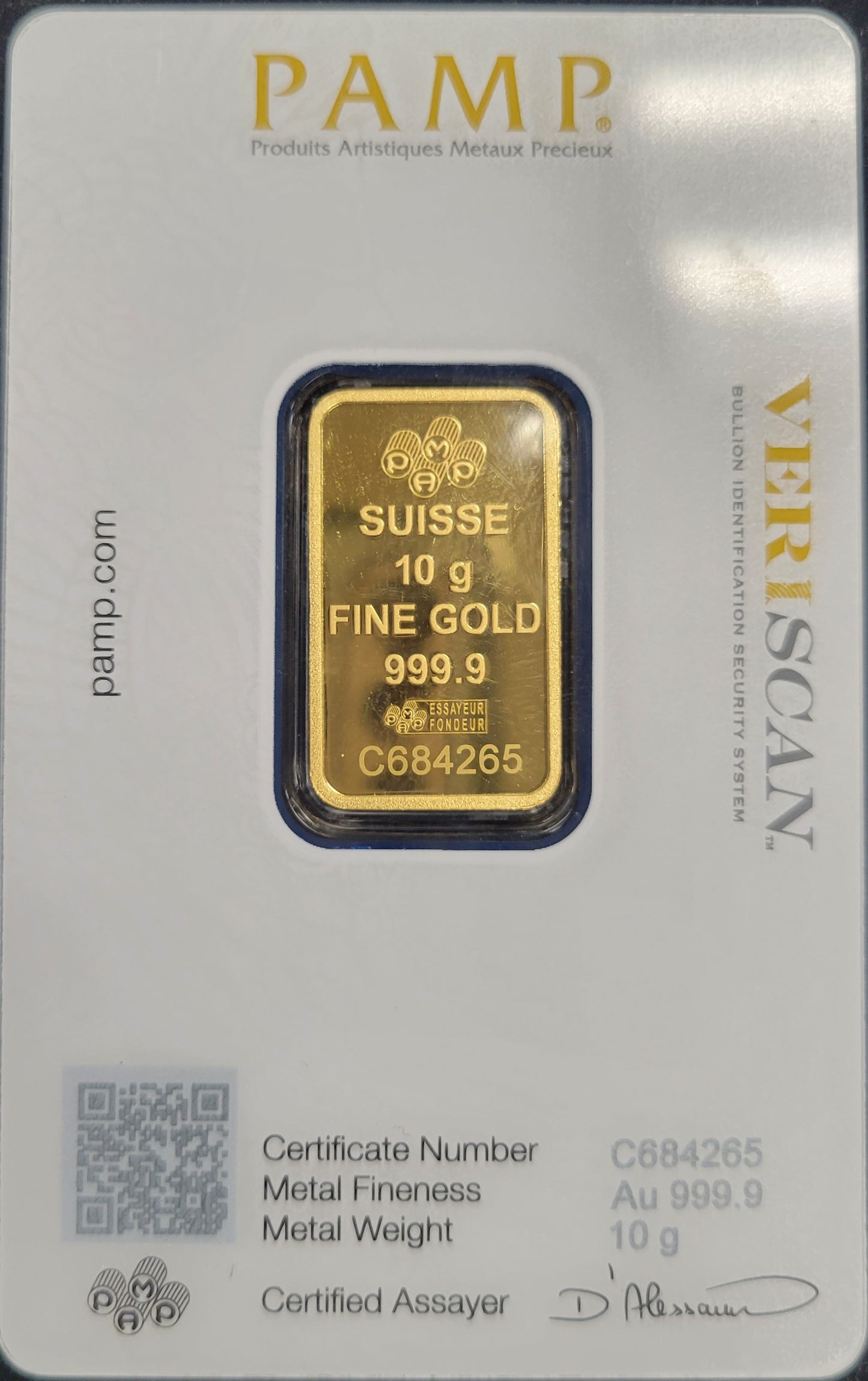 10 gram PAMP Fine Gold Bar (W/ Assayer certification and sealed and certified card case)